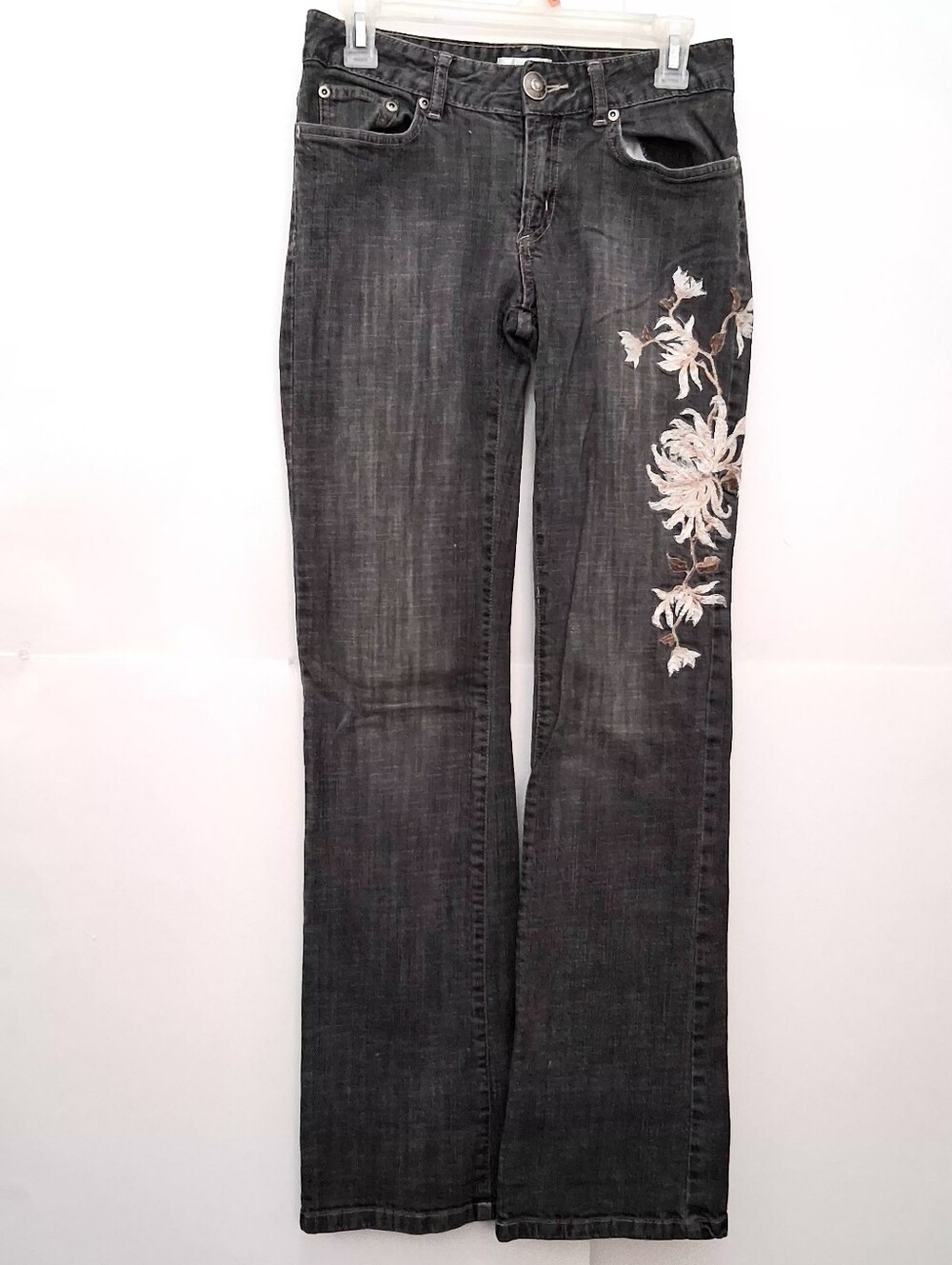 METRO7 Gray Boot Cut Jeans with White & Brown Floral Embroidery Size 2